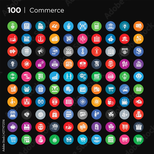 100 round colorful commerce vector icons set such as shopping cart with grills, wrapped gift box with ribbon, tools cart, commerce and shopping, restaurant card, turkish, eco tag, e commerce