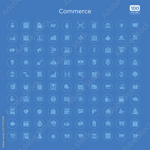 100 blue round commerce vector icons set such as wrapped gift box with ribbon, tools cart, commerce and shopping, restaurant card, turkish, eco tag, e commerce shopping cart tool, house badge.