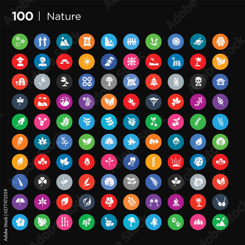 100 round colorful nature vector icons set such as hibiscus, fertilize clinic, yucca, camping bonfire, pollen, american mountain ash, black willow, falcate