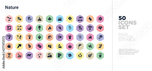 50 nature vector icons set in a colorful hexagon buttons