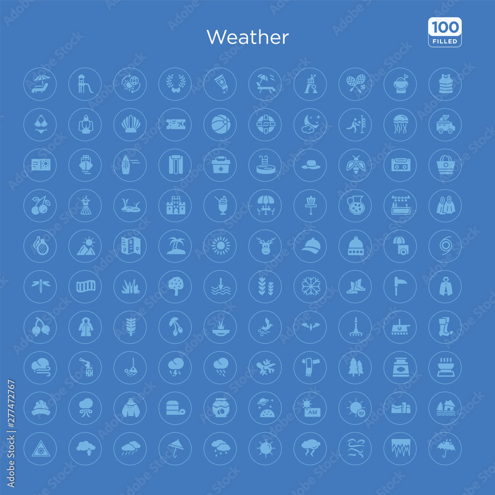 100 blue round weather vector icons set such as flood, sea level, ultraviolet, ante meridiem, cosmos, jam, blanket, sweater.
