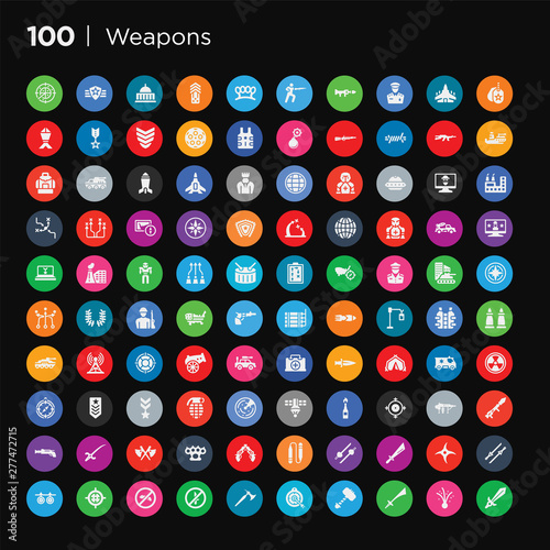 100 round colorful weapons vector icons set such as boards, 2 katanas, japanese shuriken, katana with handle, two katanas, japanese nunchaku, revolvers, brass knuckles