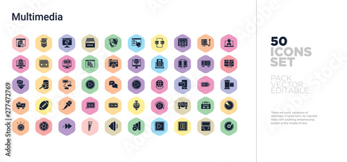 50 multimedia vector icons set in a colorful hexagon buttons