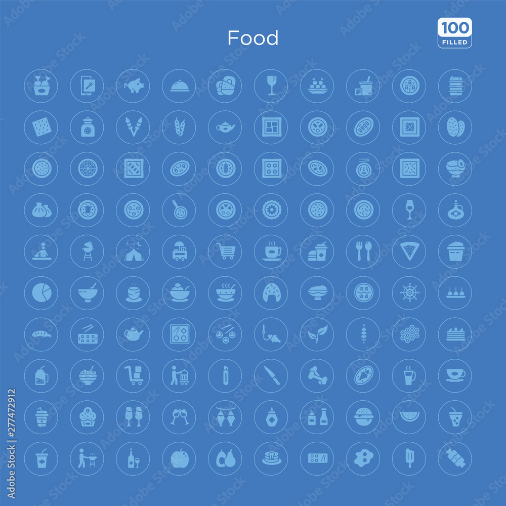 100 blue round food vector icons set such as cold drink, melon slice, give a burger, condiments, mayonnaise, dried fish, apple with leaf, stemware.