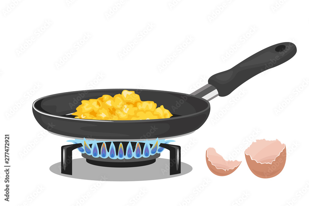 Premium Photo  Scrambled, frying eggs from one egg in a small pan on  yellow background