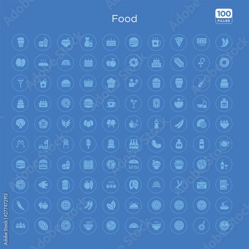 100 blue round food vector icons set such as spaguetti, zha jiang mian, mantou, yusheng, salver, vegan, spicy food, sausages. photo