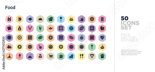 50 food vector icons set in a colorful hexagon buttons