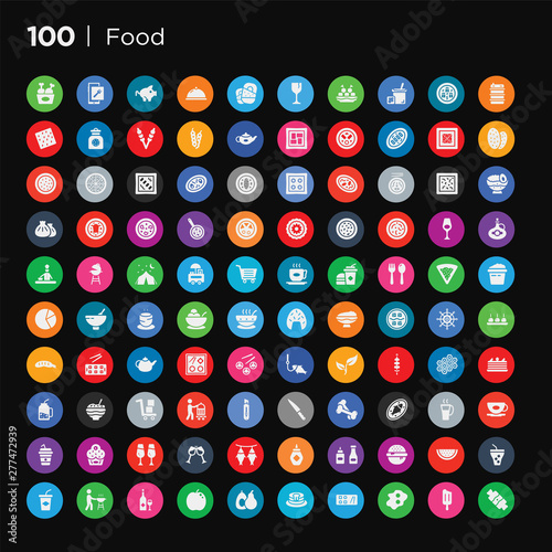 100 round colorful food vector icons set such as plastic drinking cup  cold drink  melon slice  give a burger  condiments  mayonnaise  dried fish  apple with leaf