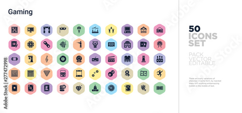 50 gaming vector icons set in a colorful hexagon buttons
