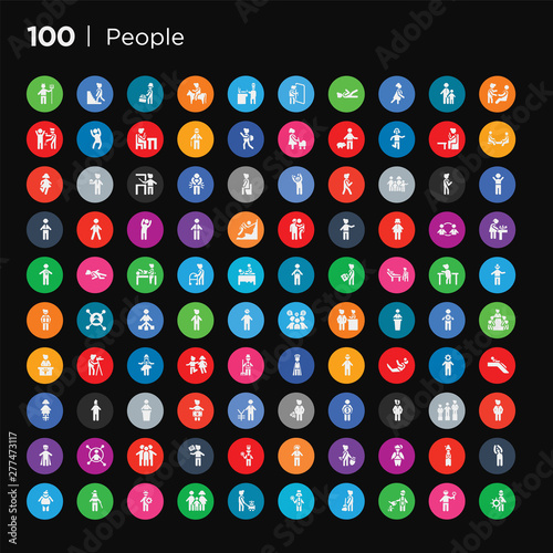 100 round colorful people vector icons set such as sumo fighter, surprised man, japanese geisha, japan geisha, steal, phone assistance, chief, monologue