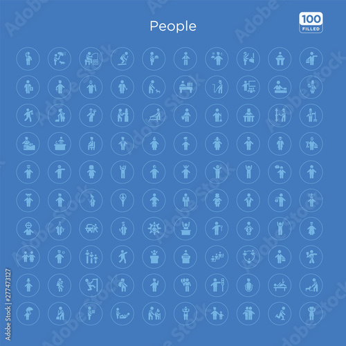 100 blue round people vector icons set such as feeding a dog, patien, playing with a rope, traffic hand, man child and balloons, waving goodbye, children in school, helping other to jump.