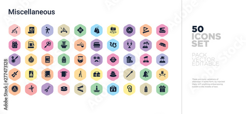 50 miscellaneous vector icons set in a colorful hexagon buttons