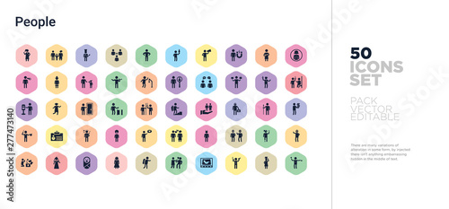 50 people vector icons set in a colorful hexagon buttons