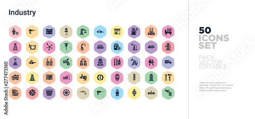 50 industry vector icons set in a colorful hexagon buttons