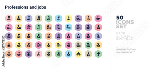 50 professions and jobs vector icons set in a colorful hexagon buttons