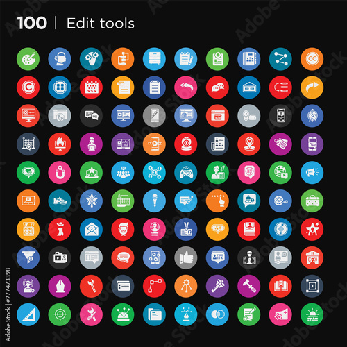 100 round colorful edit tools vector icons set such as school triangle, free transform, quark, cobbler, calipers, allocation, line tool, card