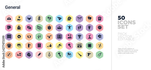 50 general vector icons set in a colorful hexagon buttons