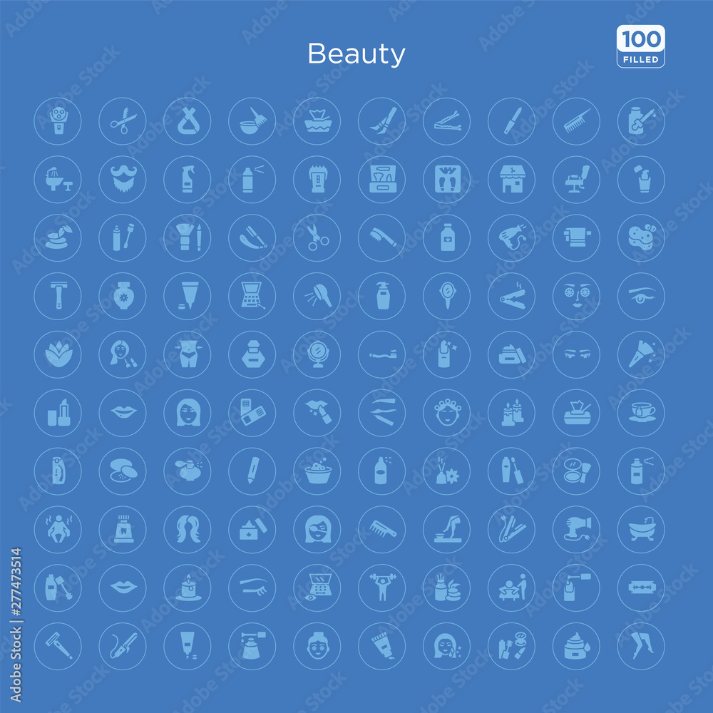 100 blue round beauty vector icons set such as big razor blade, manicure, massage, spa, fitness, eye shadow, eyebrow, candle. 100 blue round beauty vector icons set such as big razor blade, manicure, massage, spa, fitness, eye shadow, eyebrow, candle.