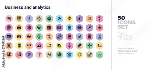 50 business and analytics vector icons set in a colorful hexagon buttons