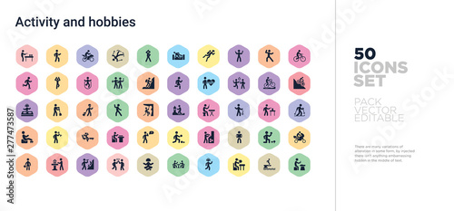 50 activity and hobbies vector icons set in a colorful hexagon buttons