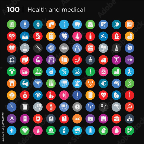 100 round colorful health and medical vector icons set such as injury, lung, medical, medical checklist, file, mask, report, result