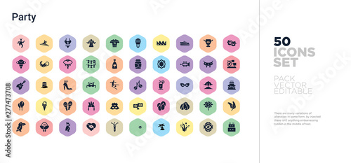 50 party vector icons set in a colorful hexagon buttons