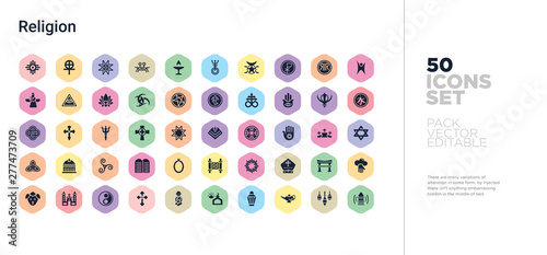 50 religion vector icons set in a colorful hexagon buttons