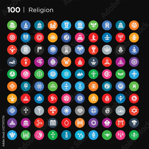 100 round colorful religion vector icons set such as lamb, god, shinto, pope, crown of thorns, holy scriptures, bead, commandments