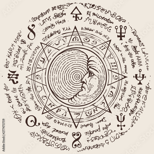 Illustration of the moon in an octagonal star with magical inscriptions and symbols written in a circle. Vector banner with old manuscript in retro style on the beige background