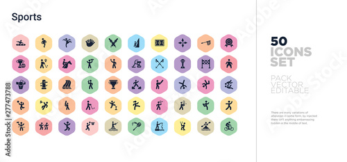 50 sports vector icons set in a colorful hexagon buttons