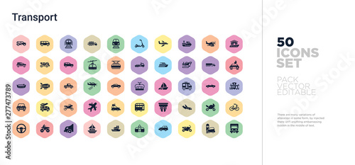 50 transport vector icons set in a colorful hexagon buttons photo