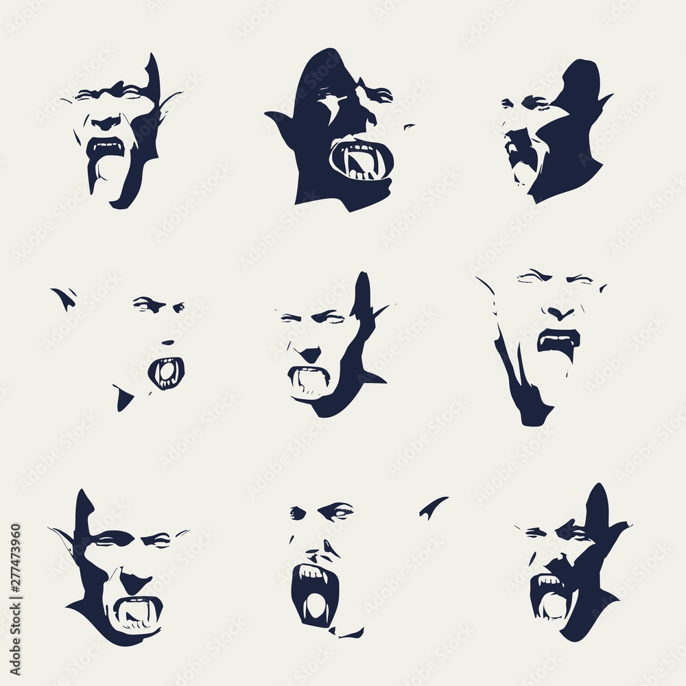 Fantasy head of orc with open mouth. Silhouettes with negative emotions