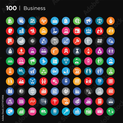 100 round colorful business vector icons set such as quarter pie chart, bussines briefcase, email contacts, dollar analysis bars chart, increasing stocks graphic of bars, businessman talking about