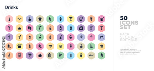 50 drinks vector icons set in a colorful hexagon buttons