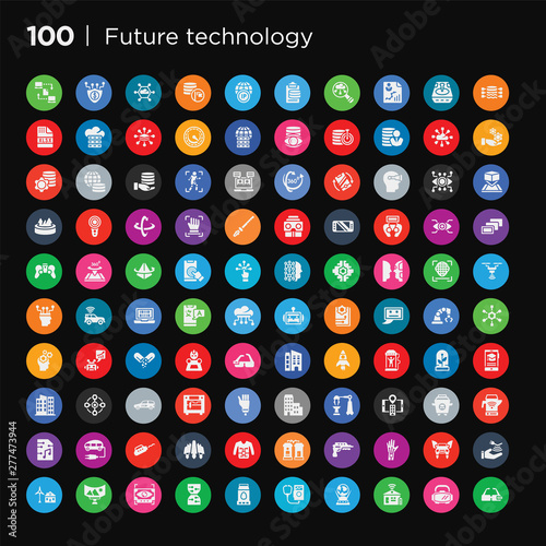 100 round colorful future technology vector icons set such as eolic energy, telekinesis, flying car, wi gloves, blaster, teleportation, smart clothing, jetpack