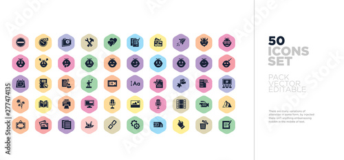 50 ui vector icons set in a colorful hexagon buttons