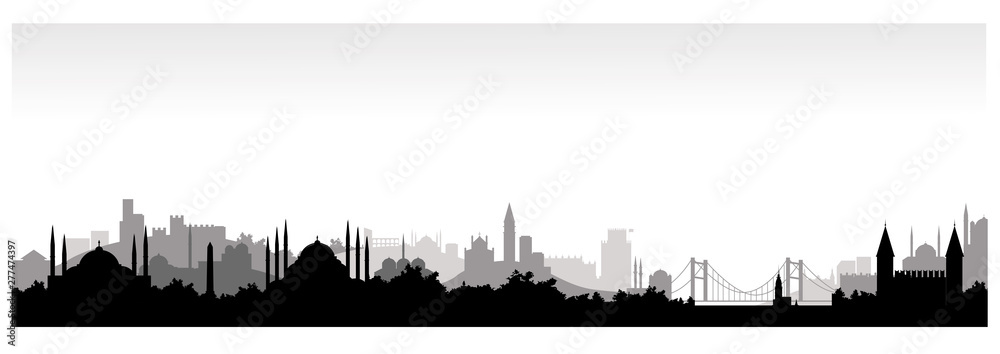 Monochrome panorama of istanbul flat style vector illustration. Istanbul architecture. Cartoon Turkey symbols and objects.