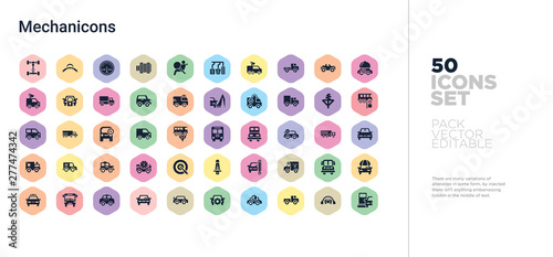50 mechanicons vector icons set in a colorful hexagon buttons