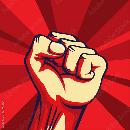 Vintage style vector Freedom poster. Raised fist of the striking man, worker etc. 