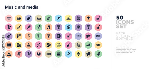 50 music and media vector icons set in a colorful hexagon buttons
