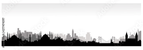 Monochrome panorama of istanbul flat style vector illustration. Istanbul architecture. Cartoon Turkey symbols and objects.