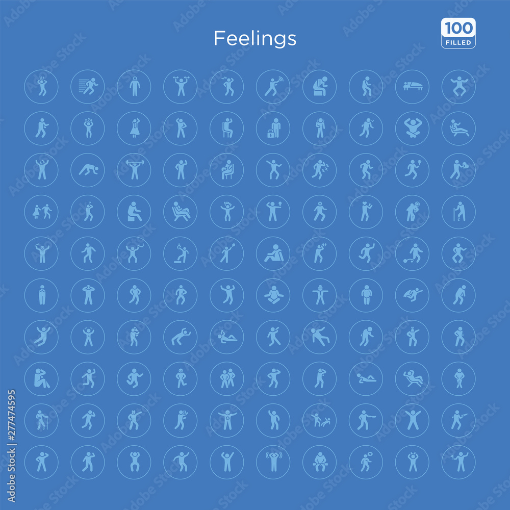 100 blue round feelings vector icons set such as terrible human, awesome human, awful human, bad beautiful better blah blessed