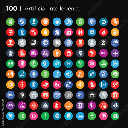 100 round colorful artificial intellegence vector icons set such as cloud intelligence, cyborg, data mining, deformity, difference engine, driverless autonomous car, evaluation, exoskeleton