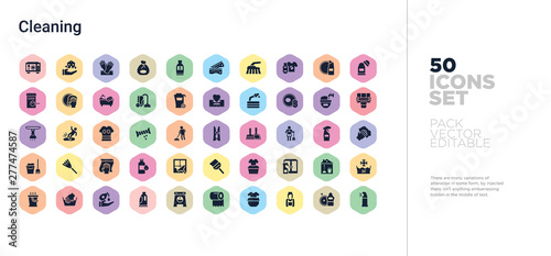 50 cleaning vector icons set in a colorful hexagon buttons