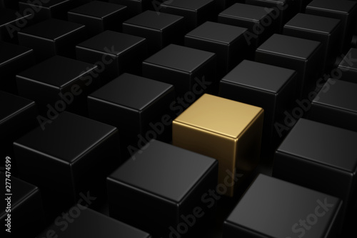 Golden cube in the midst of black cubes with the different concepts. 3D rendering.