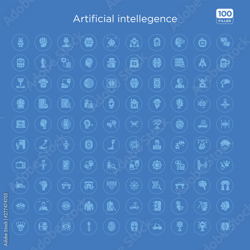 100 blue round artificial intellegence vector icons set such as cyborg, data mining, deformity, difference engine, driverless autonomous car, evaluation, exoskeleton, eye tracking.