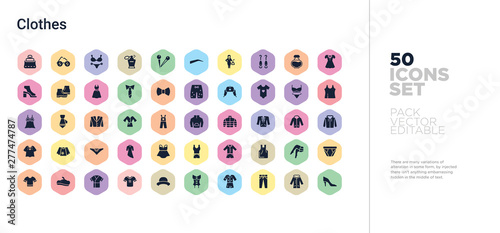 50 clothes vector icons set in a colorful hexagon buttons photo