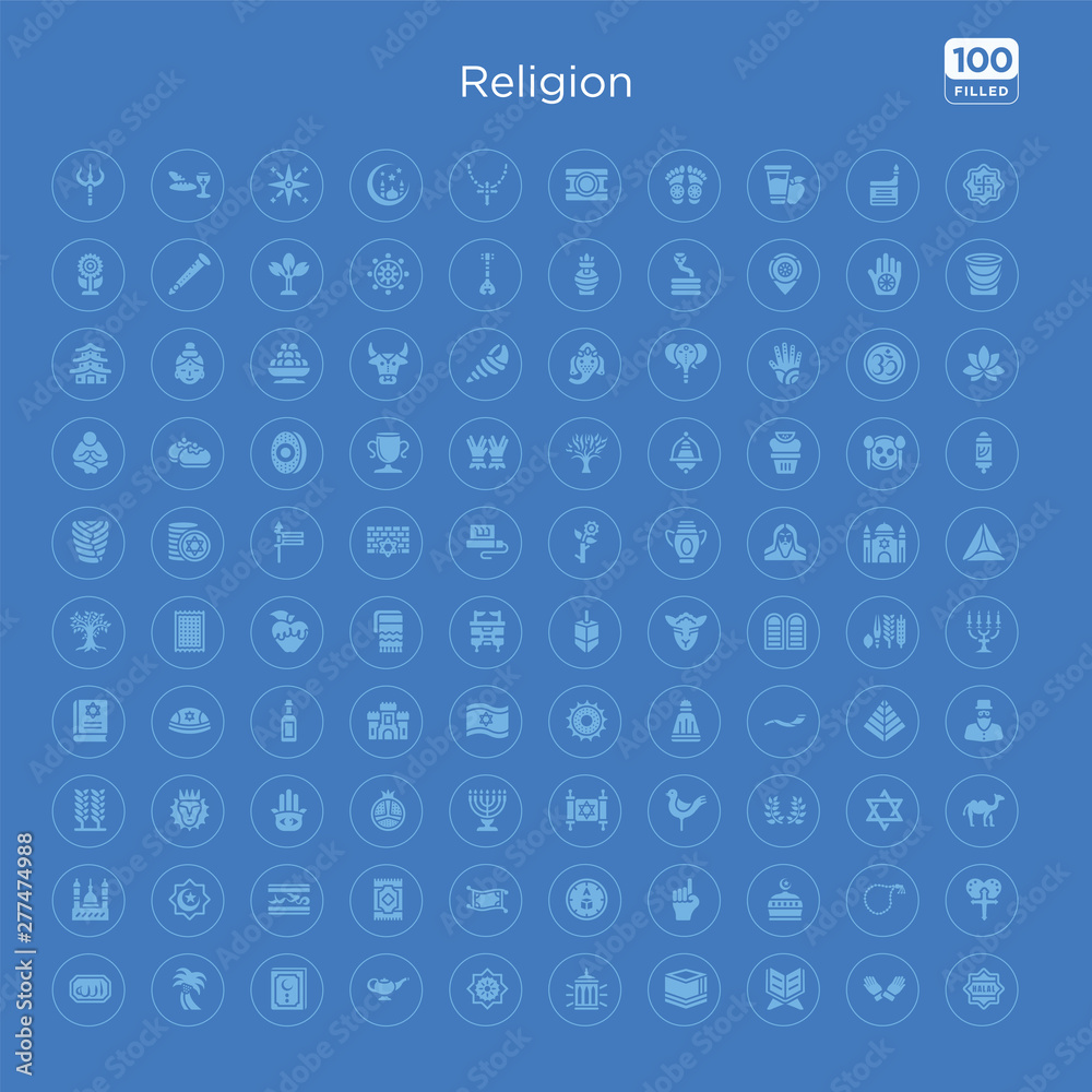100 blue round religion vector icons set such as faith, muslim tasbih, mosque domes, one god, qibla, magic carpet, praying mat, muhammad word. 100 blue round religion vector icons set such as faith, muslim tasbih, mosque domes, one god, qibla, magic carpet, praying mat, muhammad word.