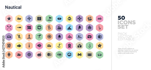50 nautical vector icons set in a colorful hexagon buttons
