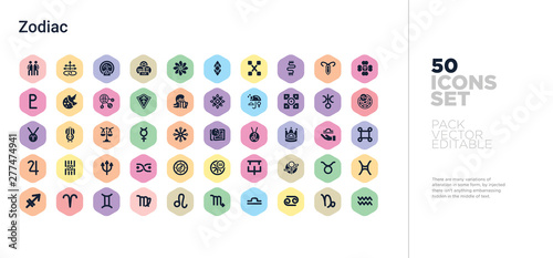 50 zodiac vector icons set in a colorful hexagon buttons